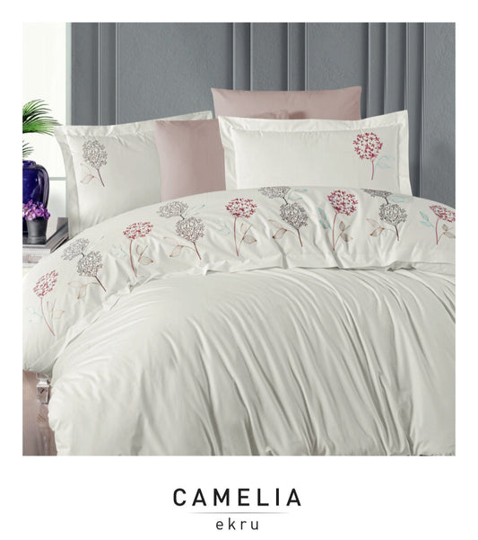 Poplin Double size 3d Embroidered Duvet Cover Set CAMELIA Ecru