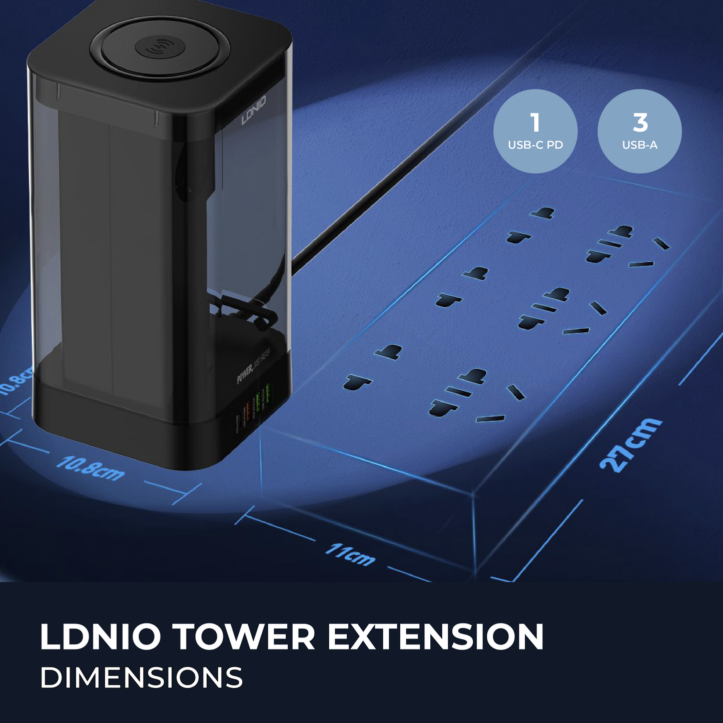 Tower Extension Cord (4 Outlets, 4 USB Ports, & Wireless Charger)