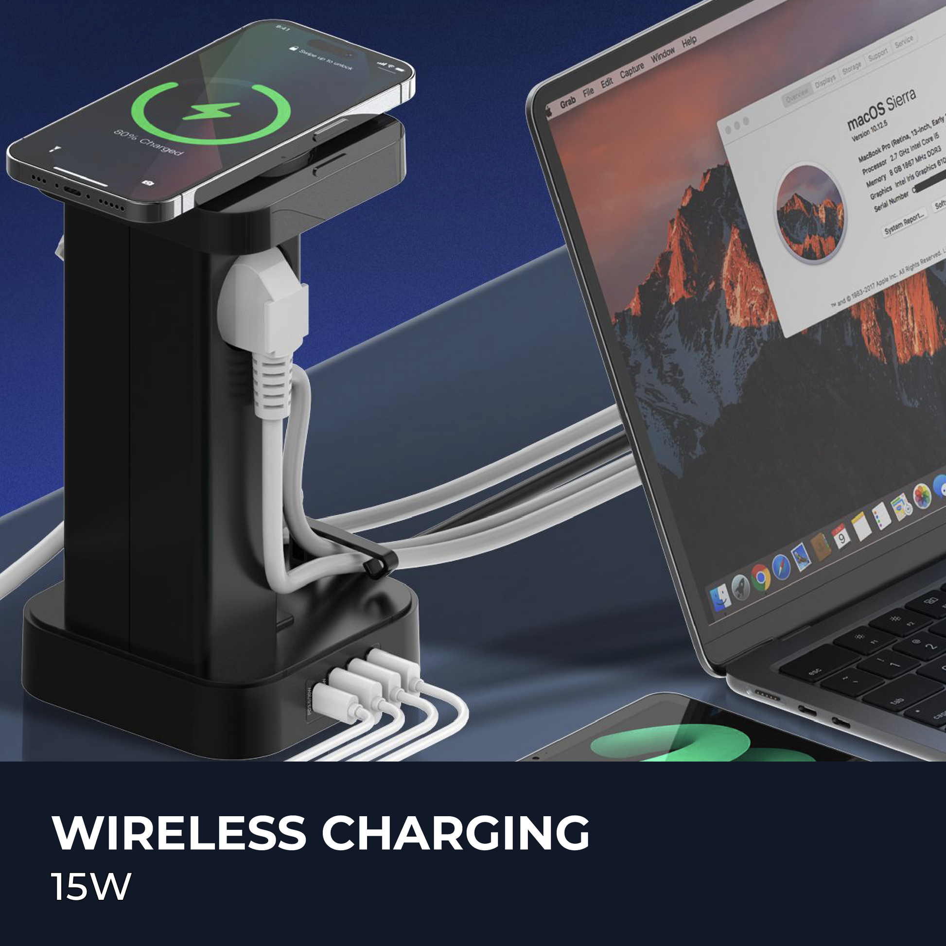 Tower Extension Cord (4 Outlets, 4 USB Ports, & Wireless Charger)