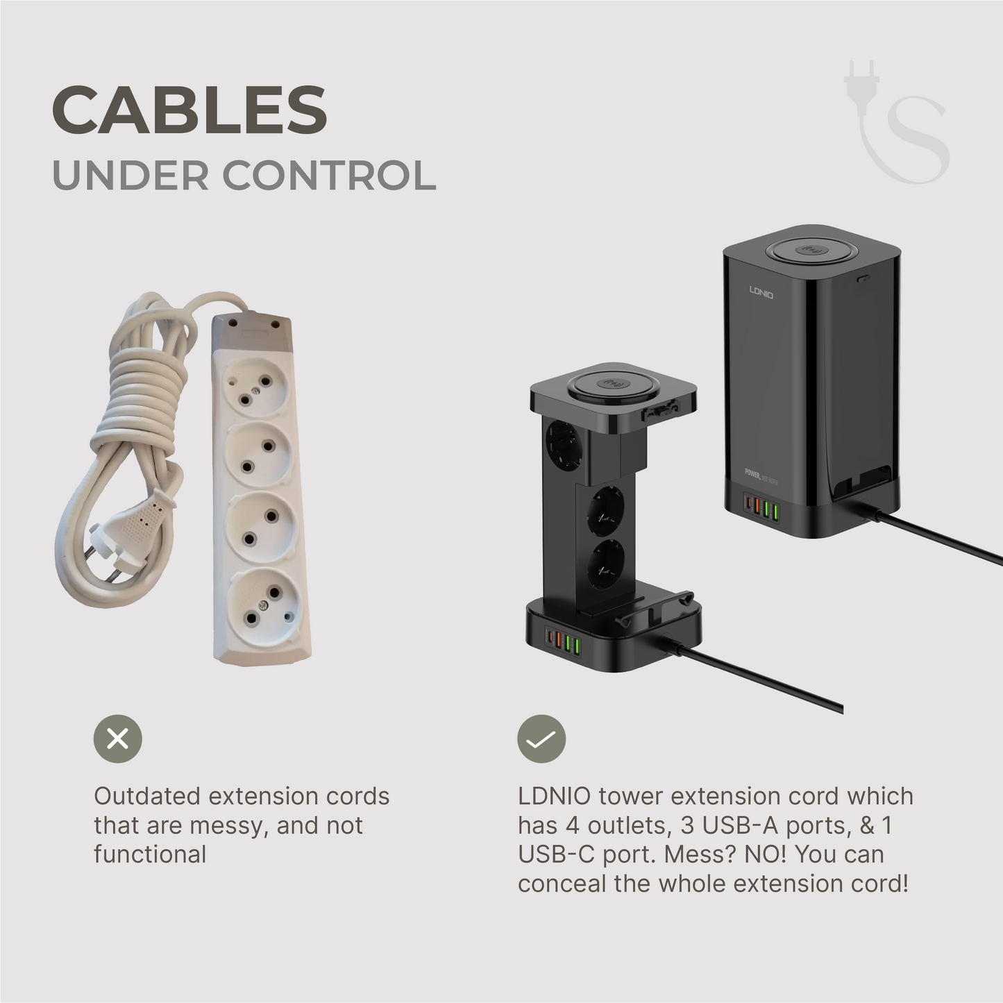 Tower Extension Cord (4 Outlets, 4 USB Ports, & Wireless Charger)