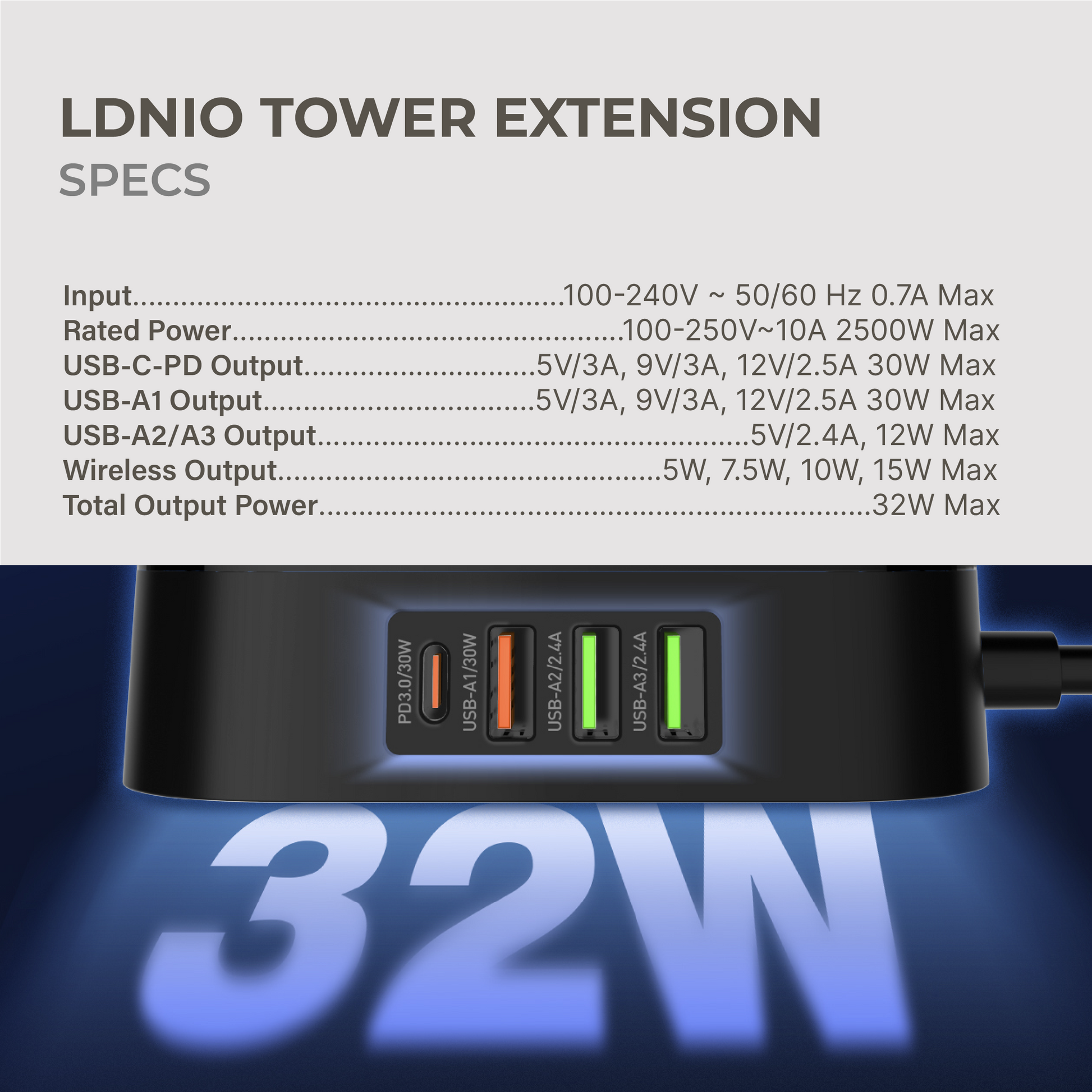 Tower Extension Cord (4 Outlets, 4 USB Ports, & Wireless Charger)