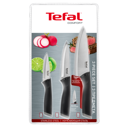 Tefal K221S375 Comfort 3-Piece Knife Set + Covers (9″ Paring, 12″ Utility, 15″ Chef)