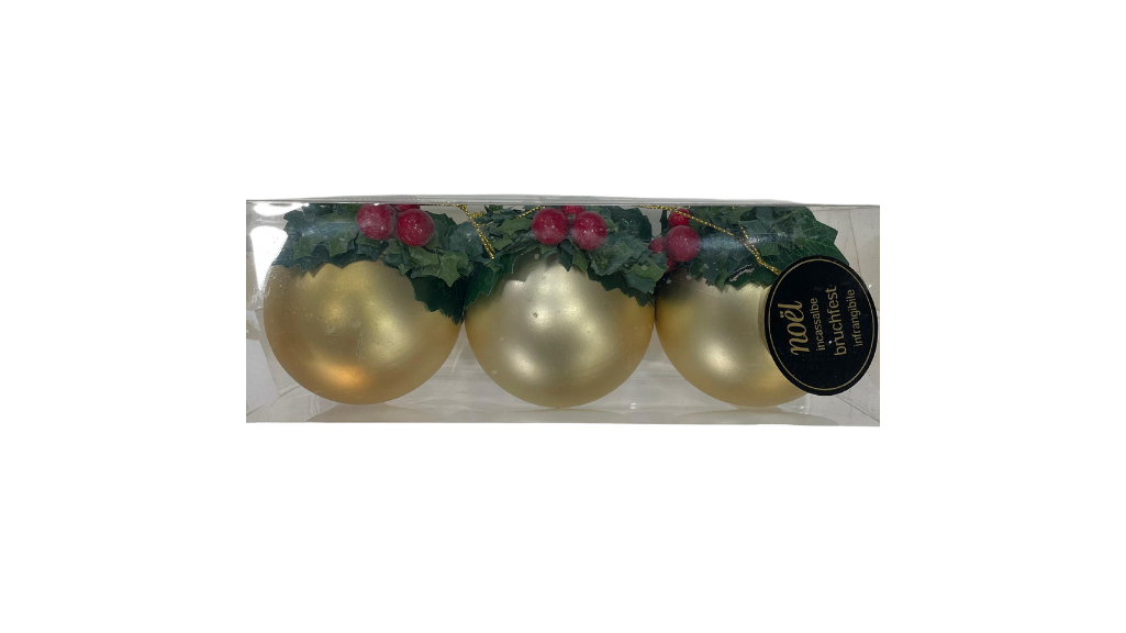 Set of 3 Gold Christmas Ornaments with Mistletoe