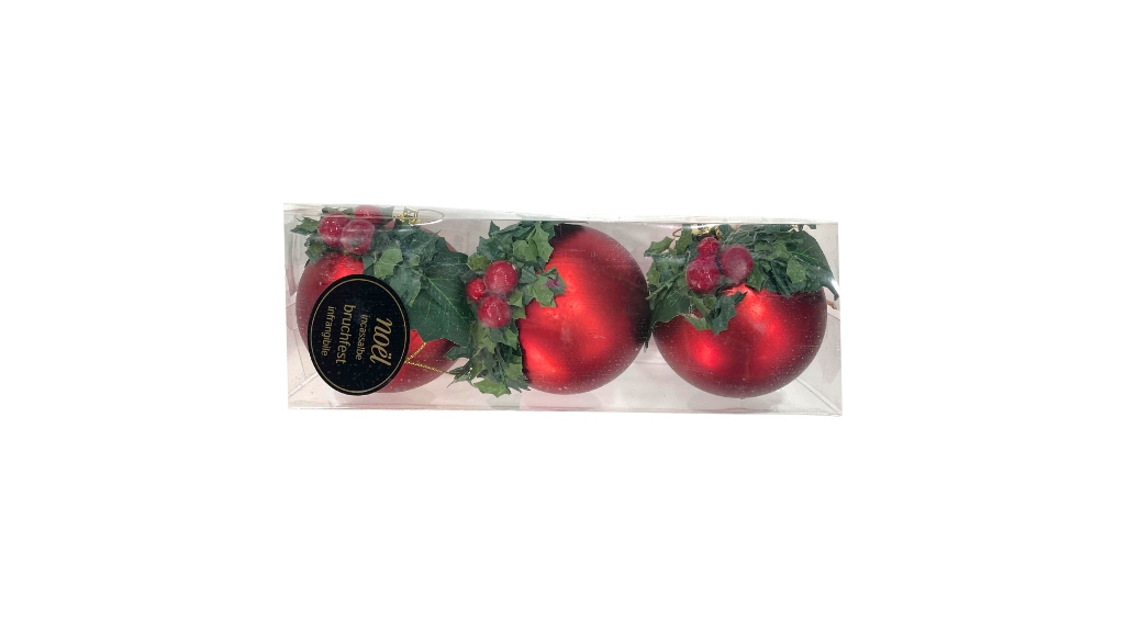 Set of 3 Red Christmas Ornaments with Mistletoe