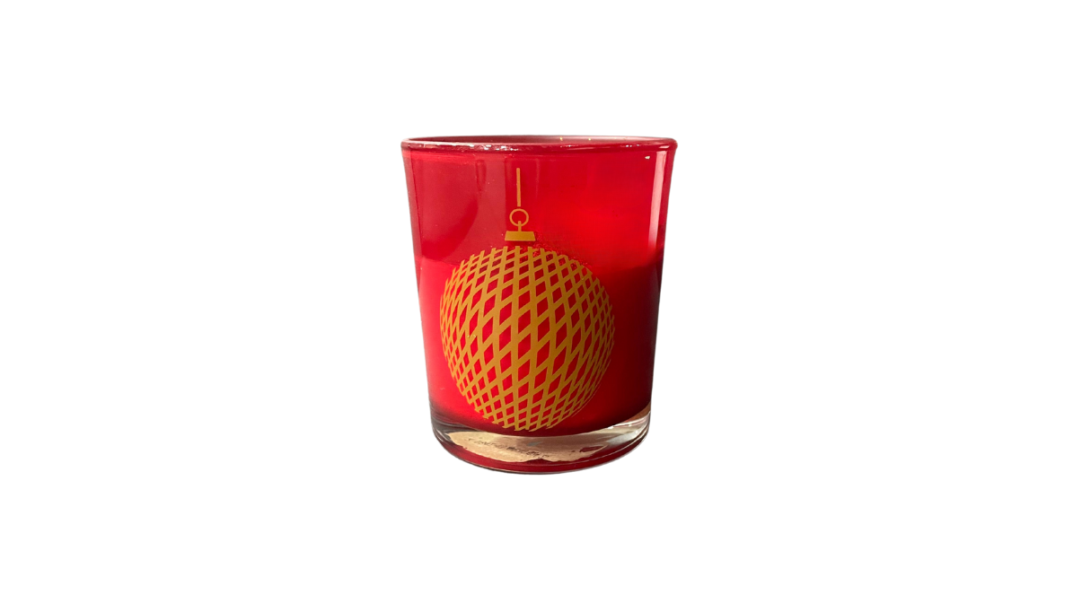 Holiday Elegance-Glass Christmas Candle Red with Ornaments Design