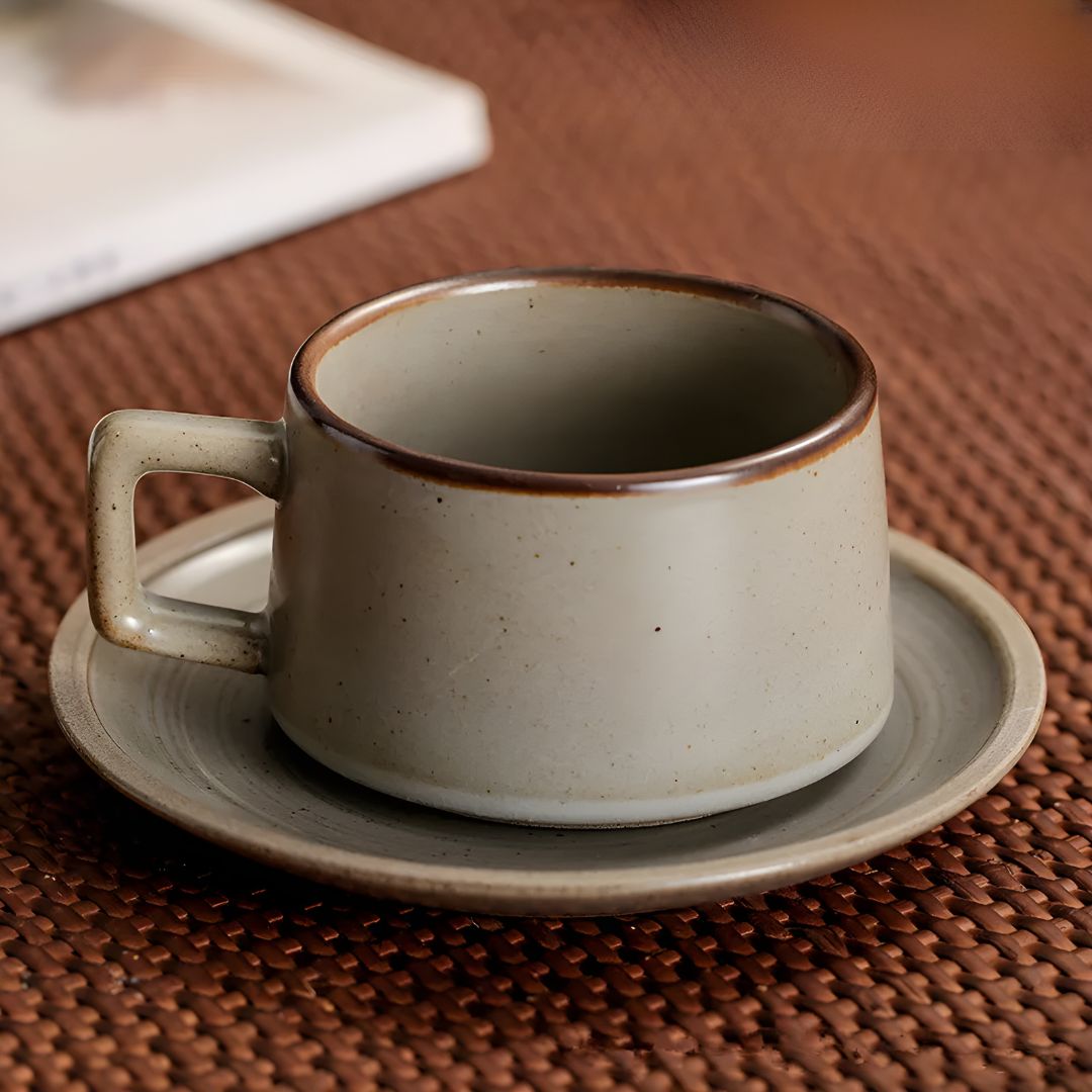 Elegant 250ml Retro Stoneware Cup and Saucer