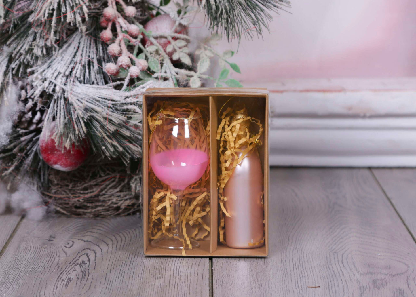 Christmas Ornament Wine Bottle and Glass - Pink