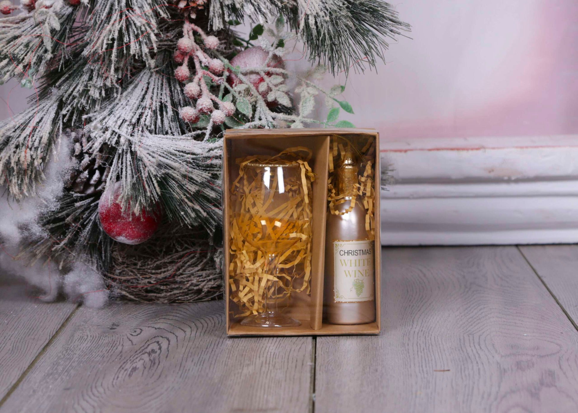 Christmas Ornament Wine Bottle and Glass - Yellow