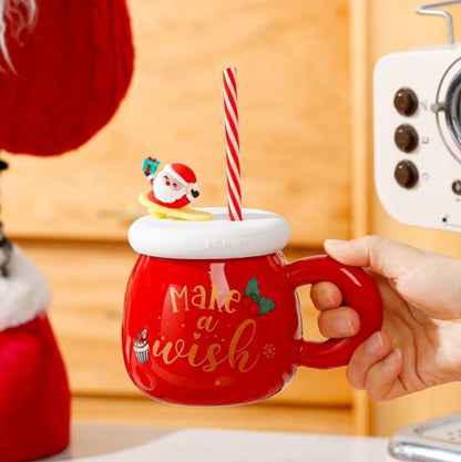 Christmas Santa Claus Ceramic Cup with Silicone Cup Lid and Straw