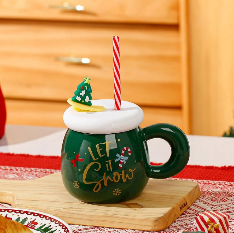 Christmas Santa Claus Ceramic Cup with Silicone Cup Lid and Straw