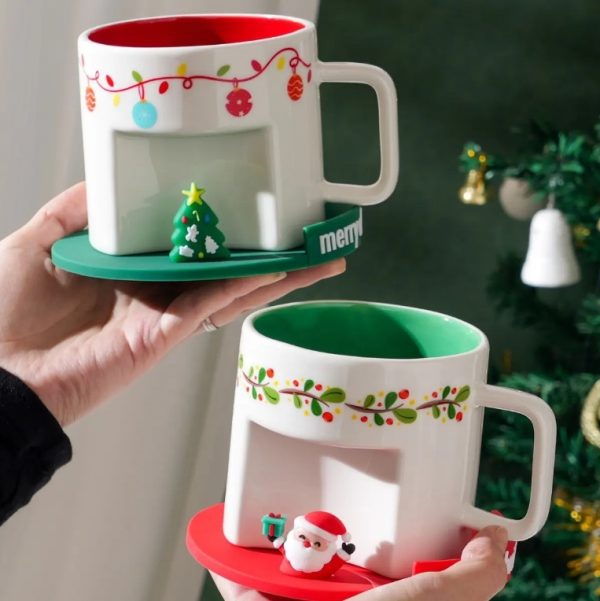 Christmas Santa Claus Ceramic Cup with Silicone Cup Lid