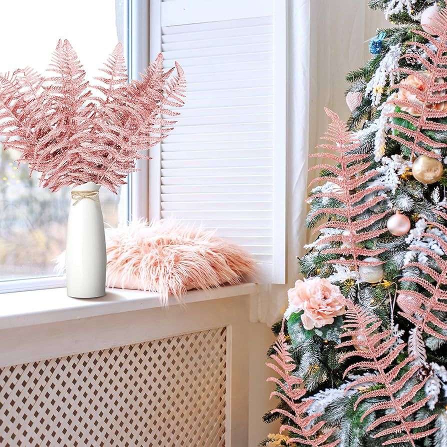 Christmas rose gold glitter fern leaf
