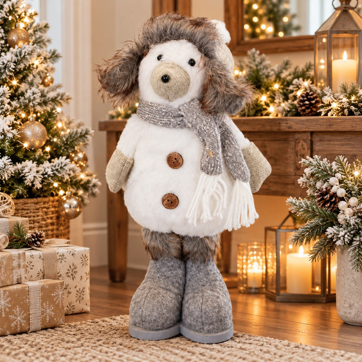 Winter Christmas Dog Decoration – White & Grey, 33 cm