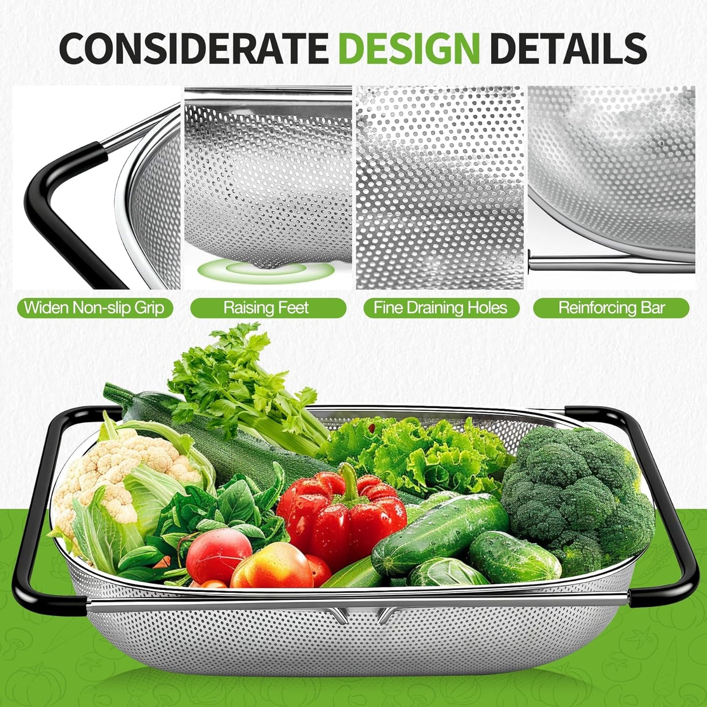 Over the Sink Stainless Steel Colander with Expandable Anti-slip Rubber Grip Handles