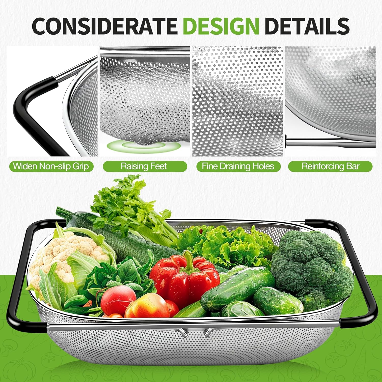 Over the Sink Stainless Steel Colander with Expandable Anti-slip Rubber Grip Handles