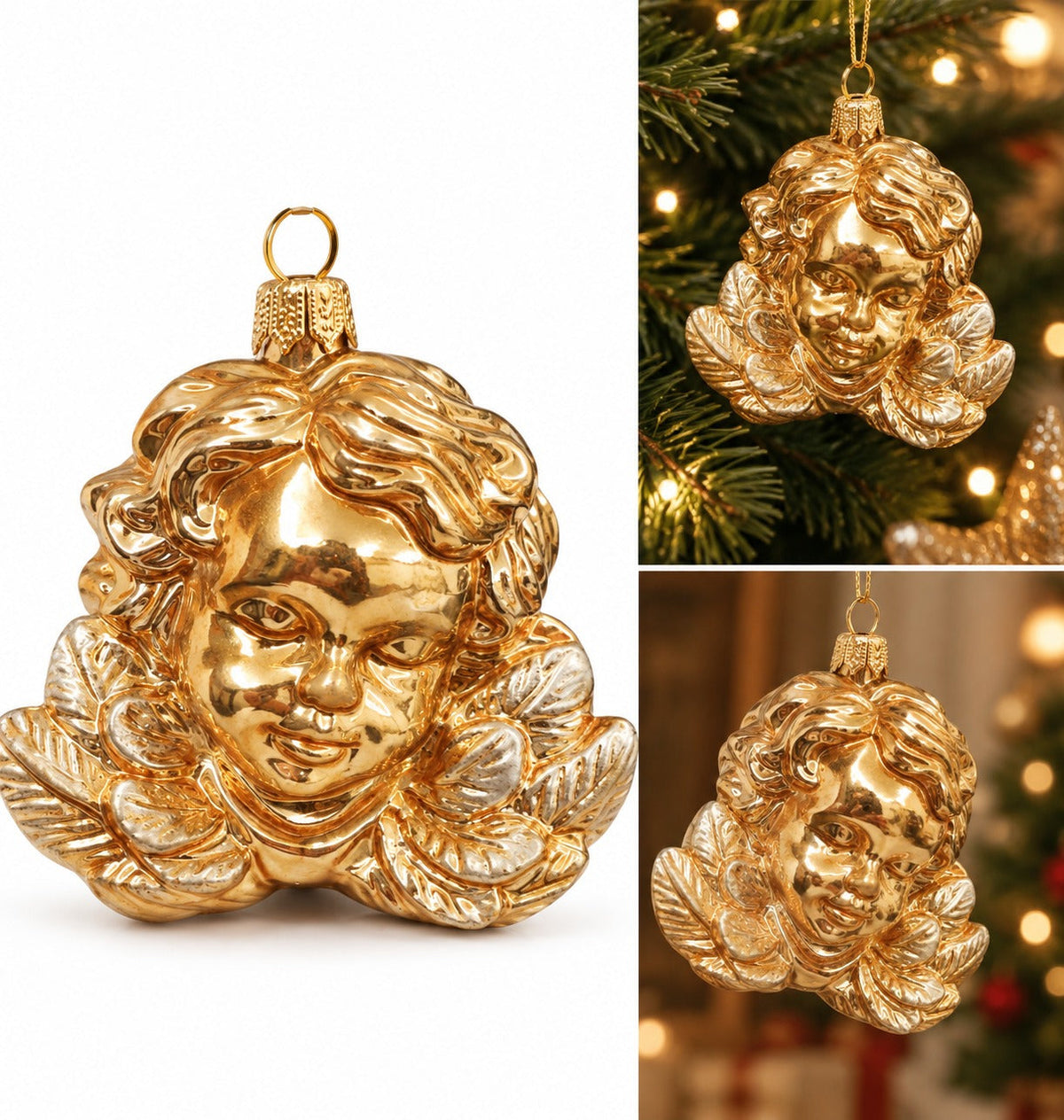 Mouth-Blown Glass Cherub Christmas Ornament – Gold