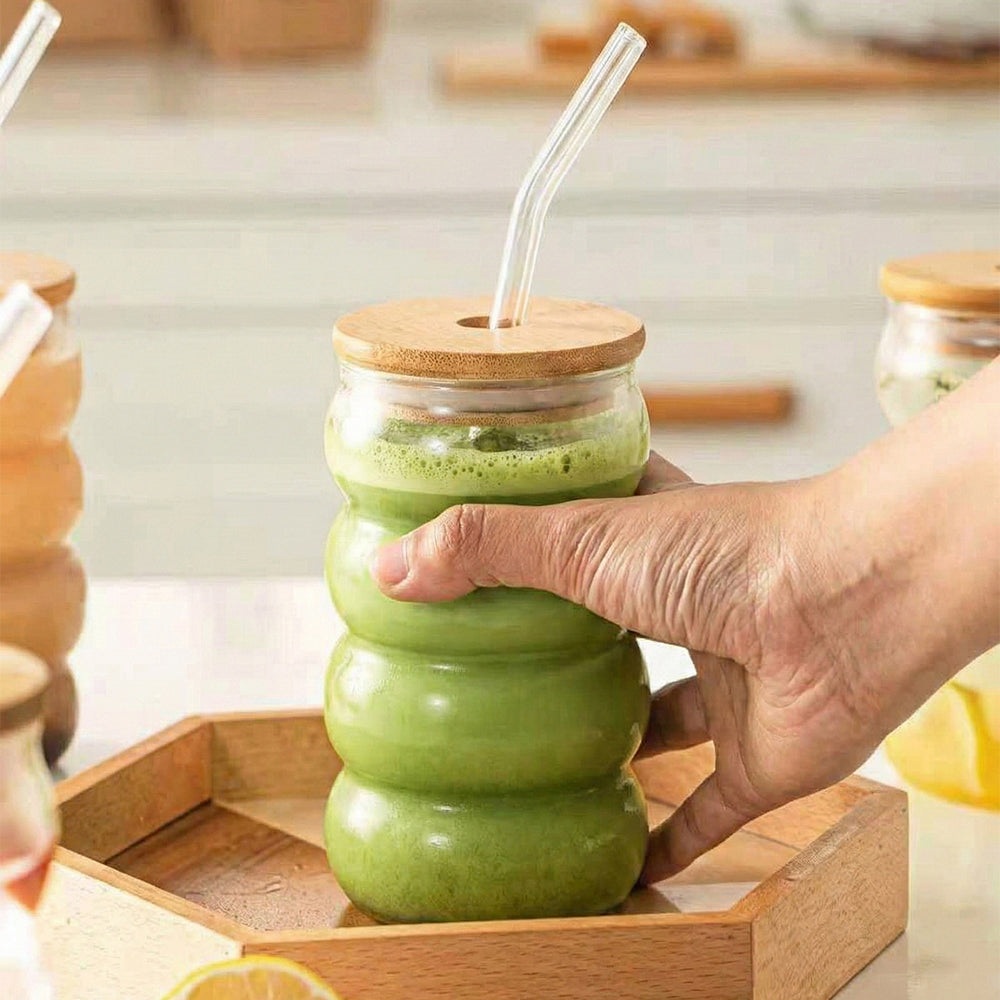 Matcha Wave Shaped Glass Tumblers Drinking with Lid and Straw – 450ml