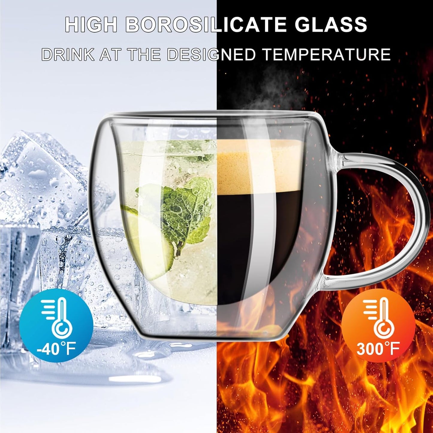 6-Pcs Double Wall Borosilicate Glass Espresso Cup Set with Handle 80ml