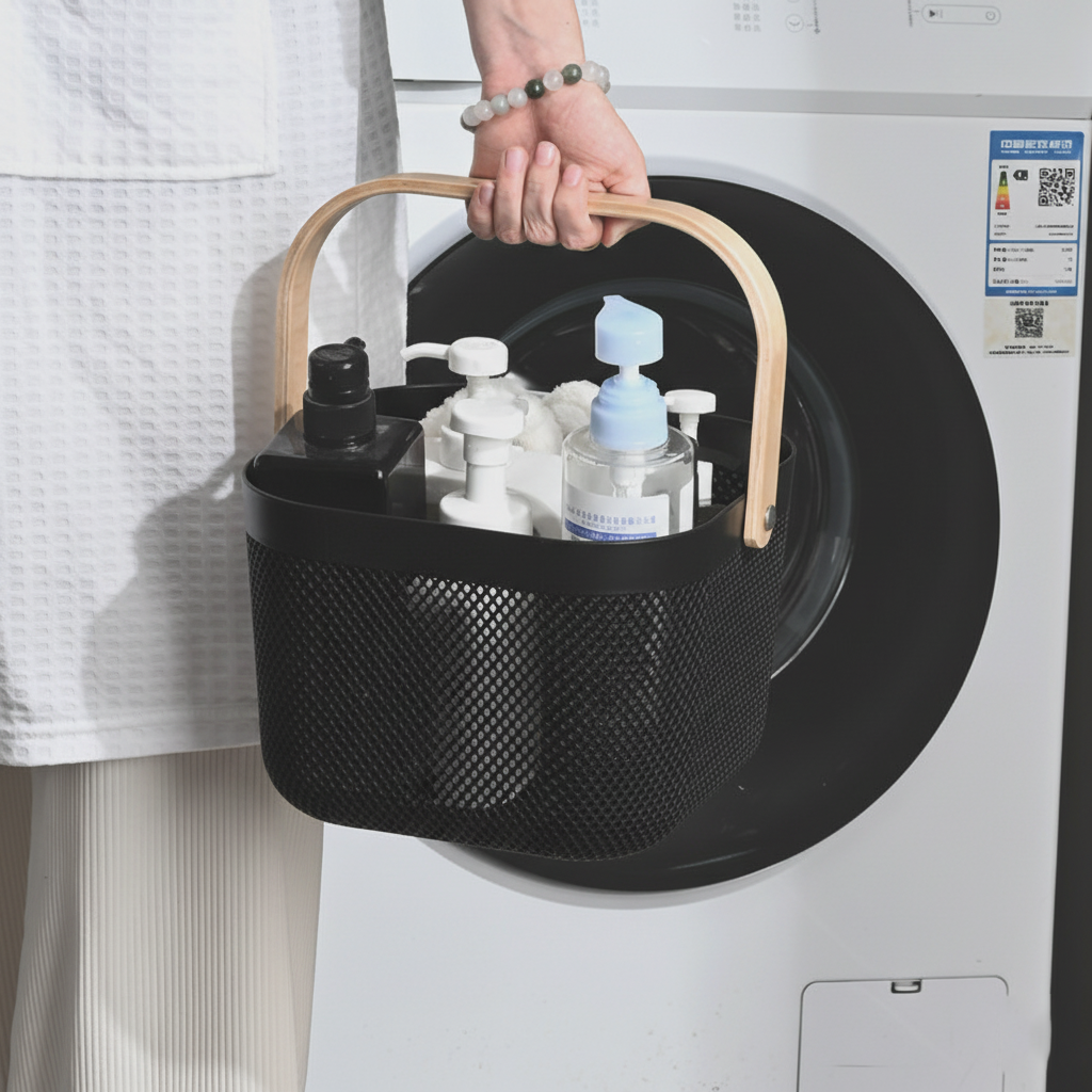 Plastic Mesh Basket Storage with Wooden Handle