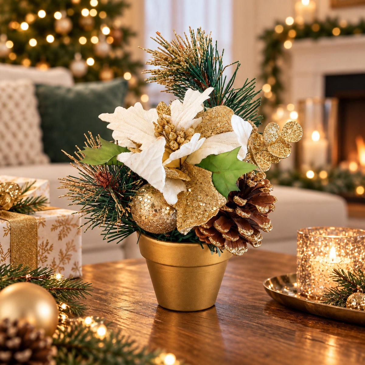 Migros Winter Christmas Poinsettia & Pinecone Arrangement – Gold or Silver, 23 cm