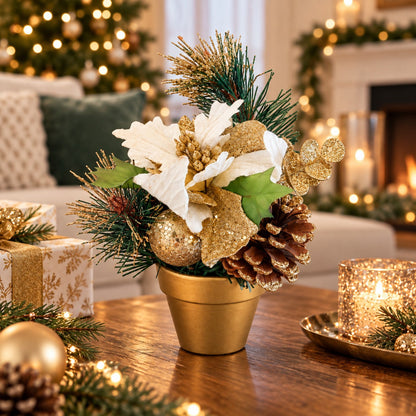 Migros Winter Christmas Poinsettia & Pinecone Arrangement – Gold or Silver, 23 cm