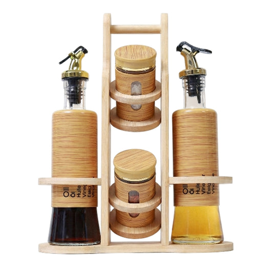 Bamboo 4-Pcs Spice Rack Set Glass Oil Bottle & Glass Pepper and Salt jars Plastic Lid  #CB-TWJ41