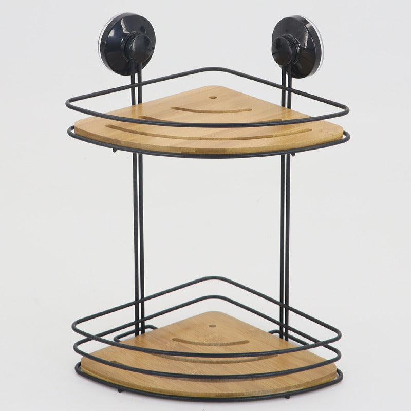 Corner Bath & Kitchen Shelf Suction Cups Metal With Bamboo 37x18cm