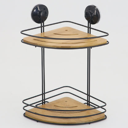 Corner Bath & Kitchen Shelf Suction Cups Metal With Bamboo 37x18cm