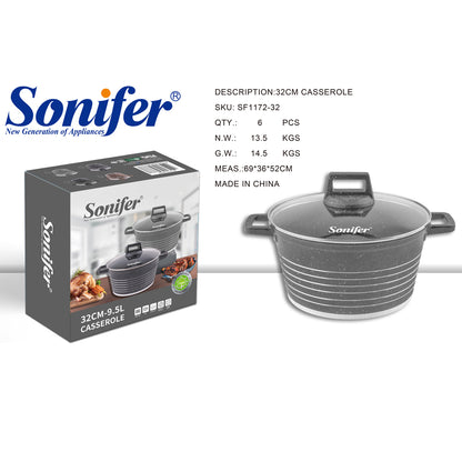 Sonifer 20/22/24/26/28/30/32/36cm Wear-Resistant Non-Stick Granite Casserole with Glass Lid SF-1172-Grey