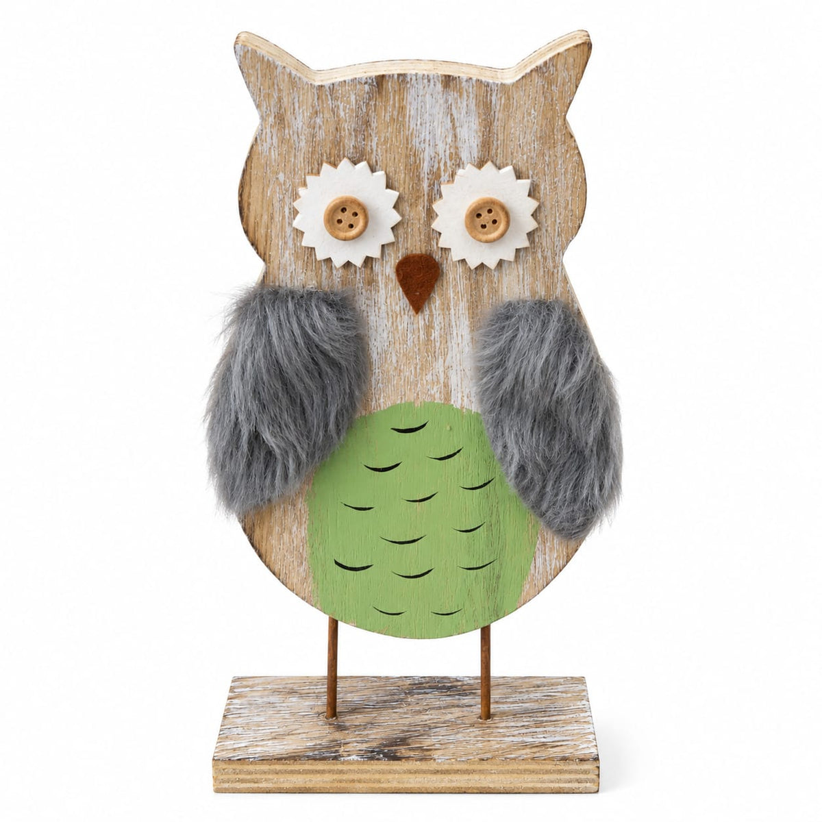 Wooden Owl Decorative Figurine with Faux Fur Wings – 25 cm