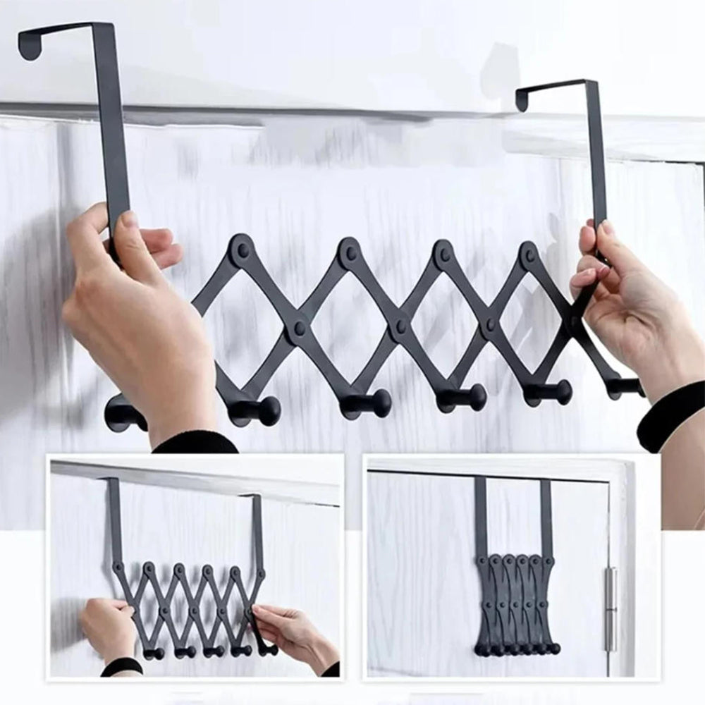 Over The Door Stainless Steel Telescopic Folding 5-Hooks Organizer Rack