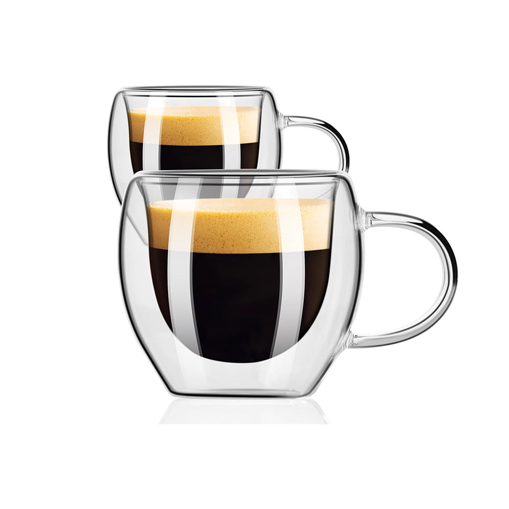 6-Pcs Double Wall Borosilicate Glass Espresso Cup Set with Handle 80ml