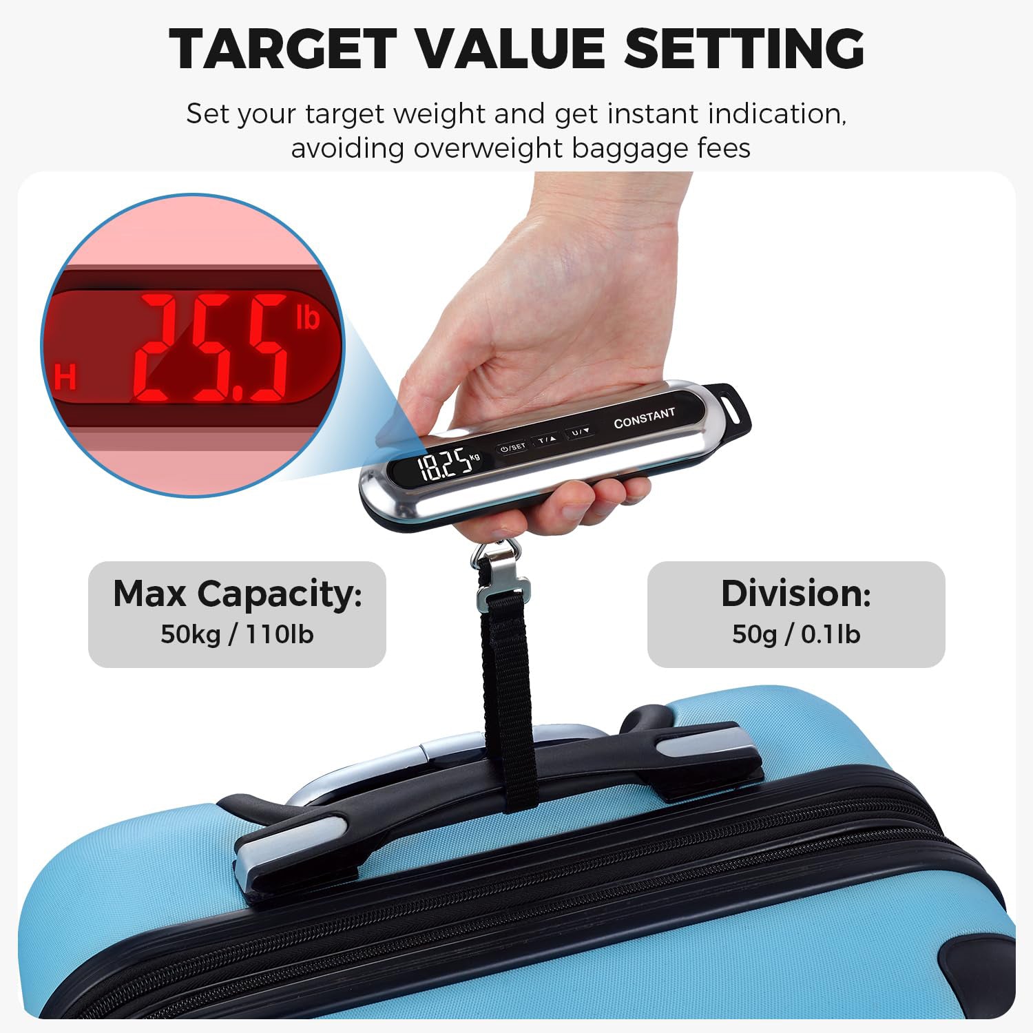 Constant, Luggage Scale, 50KG Luggage Weight Scale Digital Suitcase Scale with Hook