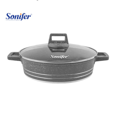 Sonifer 28/32/36/40cm Wear-Resistant Non-Stick Granite Shallow Pot with Glass Lid SF-1173 Grey