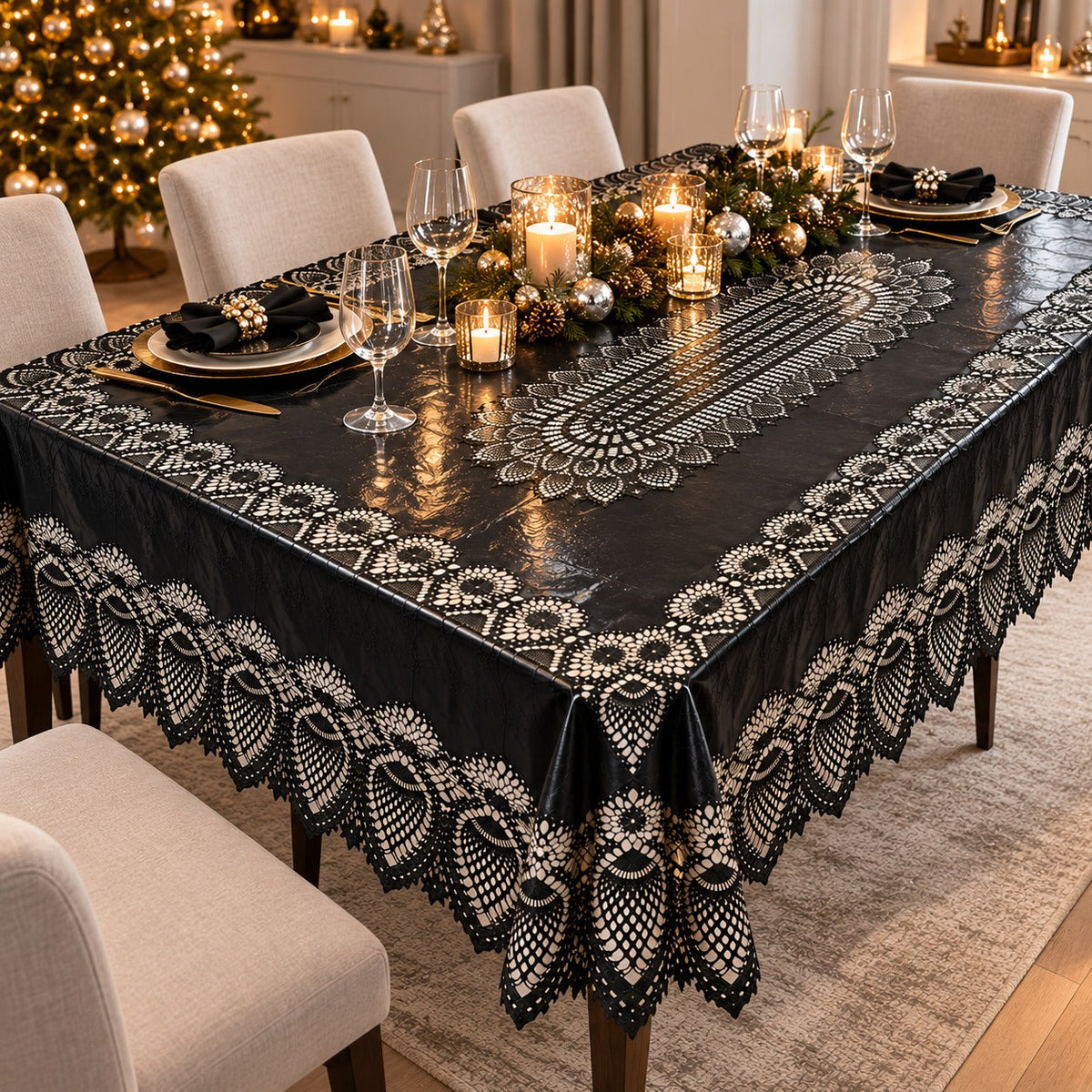 Noël Black Lace Tablecloth – 152 × 264 cm