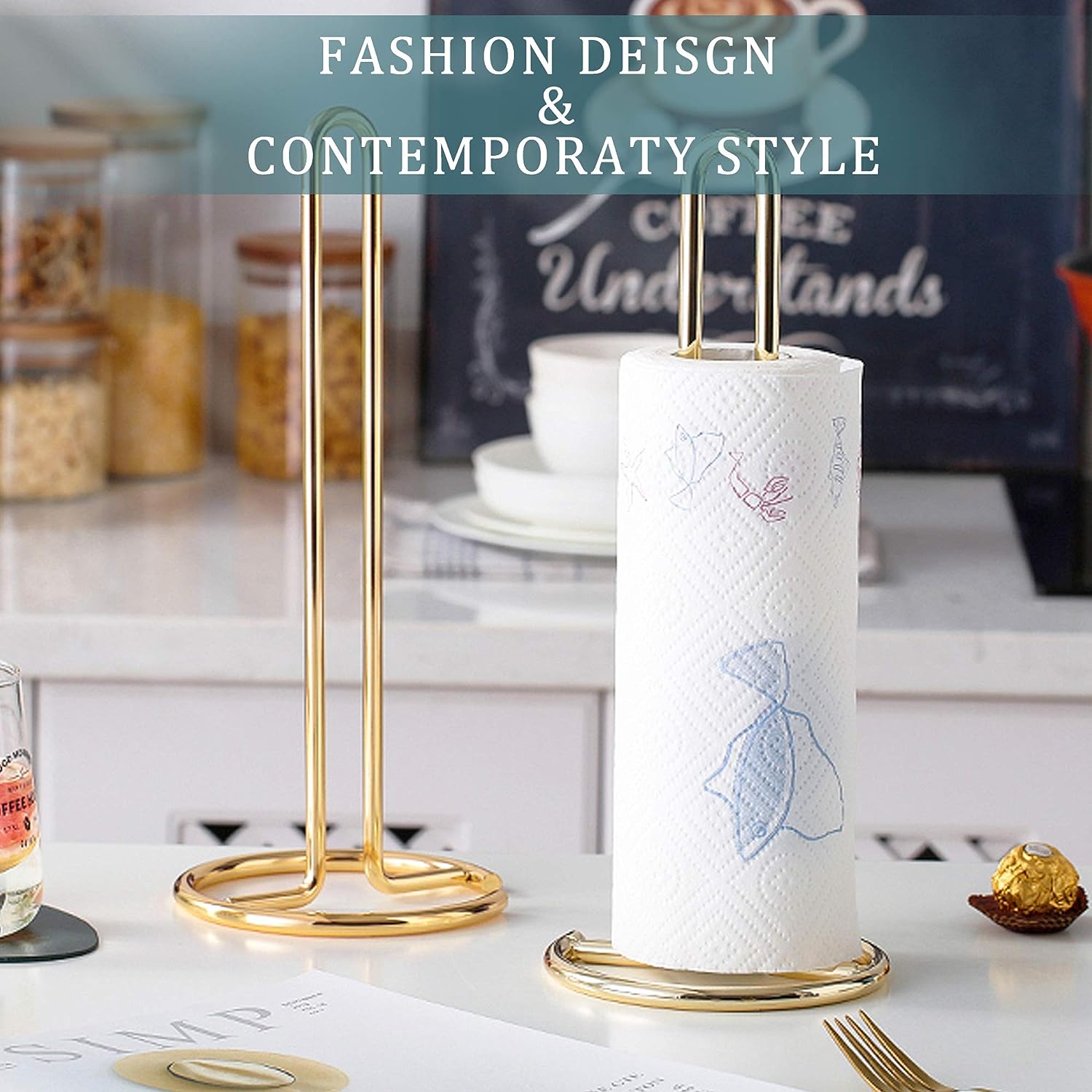 Tissue Holder Standing Rack with Weighted Base for Kitchen Counter top, Gold