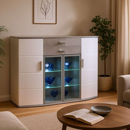 Bega Jam Highboard – Premium German High-Gloss White & Stone Grey Cabinet with LED Lighting