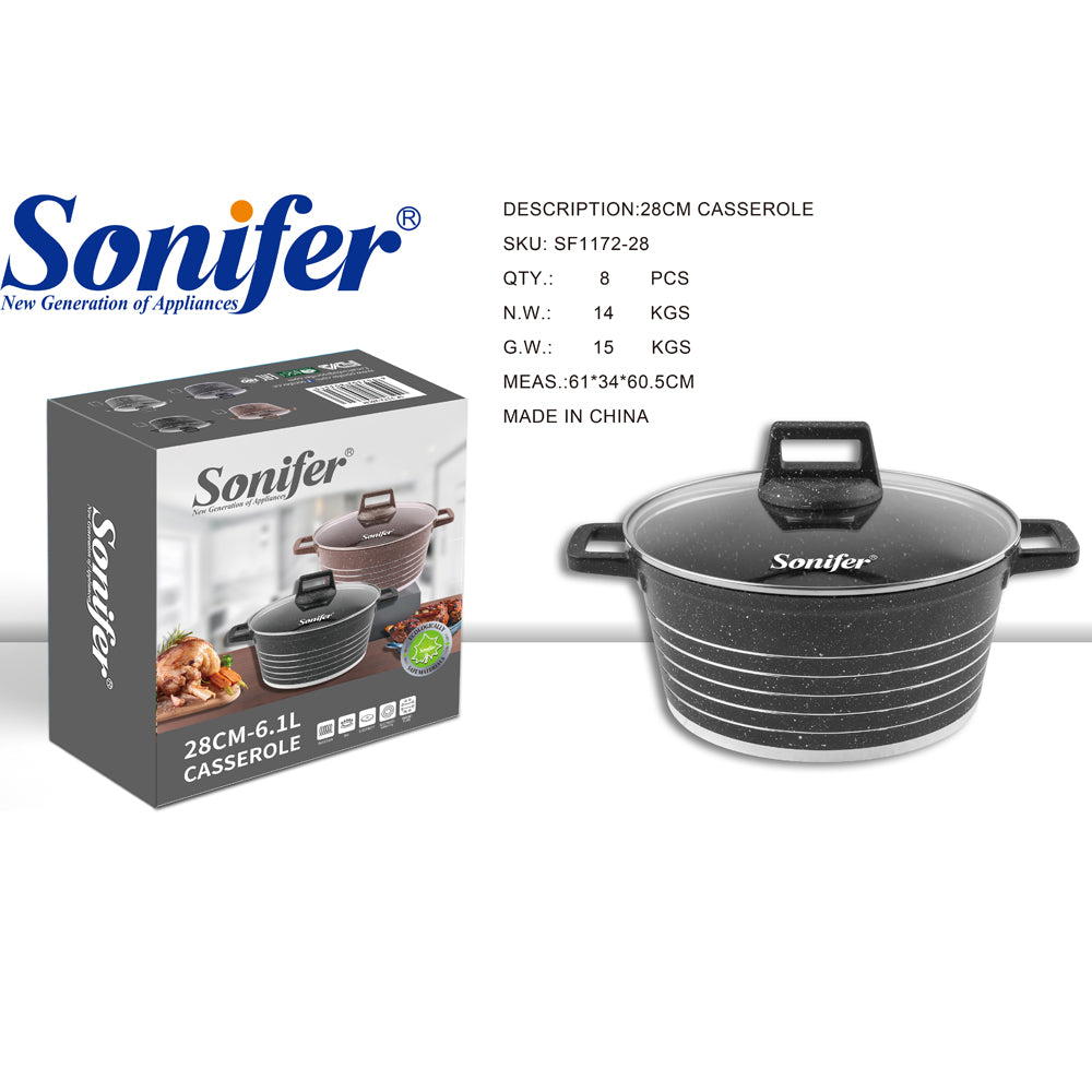 Sonifer 20/22/24/26/28/30/32/36cm Wear-Resistant Non-Stick Granite Casserole with Glass Lid SF-1172-Black