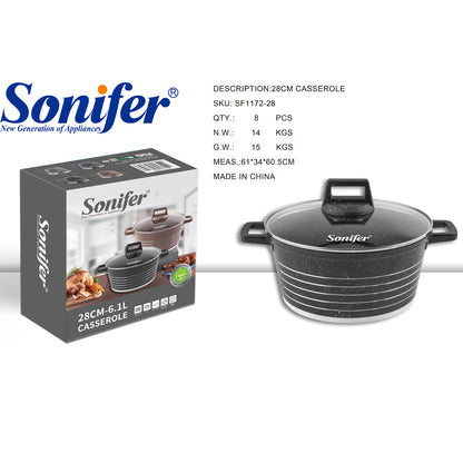 Sonifer 20/22/24/26/28/30/32/36cm Wear-Resistant Non-Stick Granite Casserole with Glass Lid SF-1172-Black