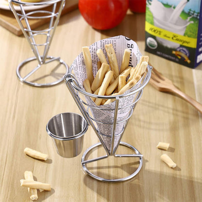 Stainless Steel French Fries Stand Cone Basket with Dip Dishes
