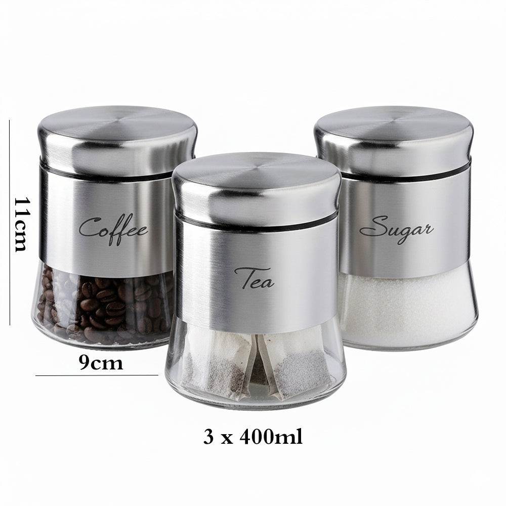 3-Pcs Stainless Steel With Glass Sugar Tea Coffee Canister Set Matte Sileve-400ml