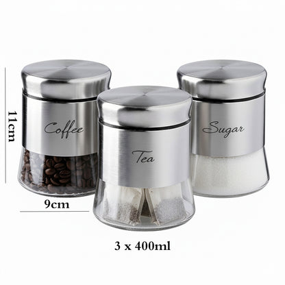 3-Pcs Stainless Steel With Glass Sugar Tea Coffee Canister Set Matte Sileve-400ml