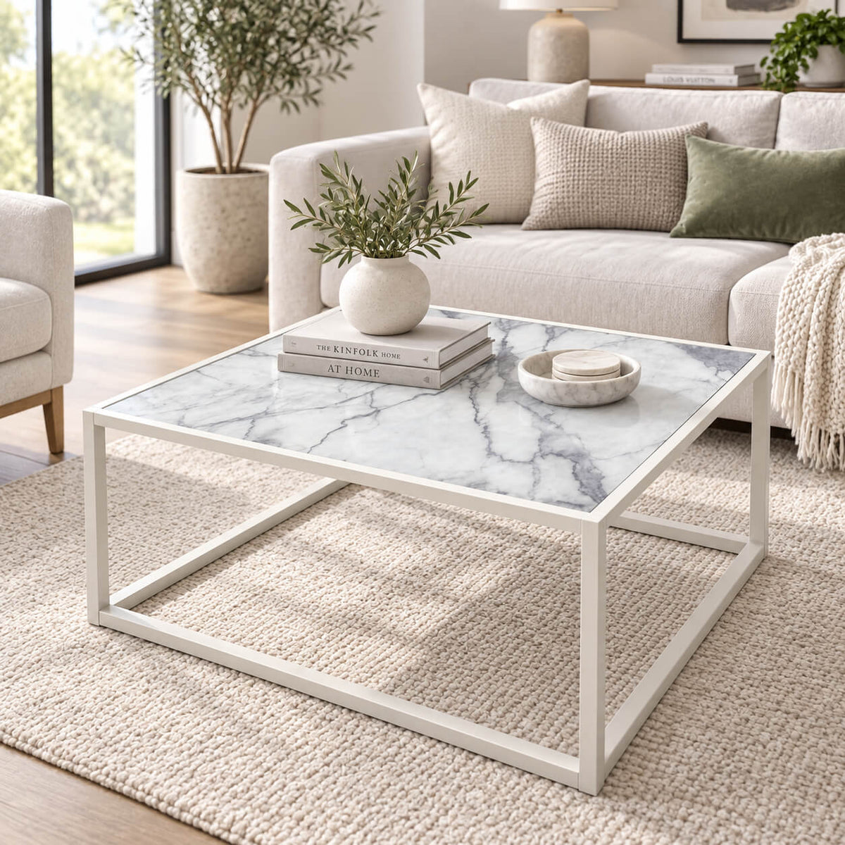 Reality Nevia 2 Square White Glass Marble Table 80 × 80 cm