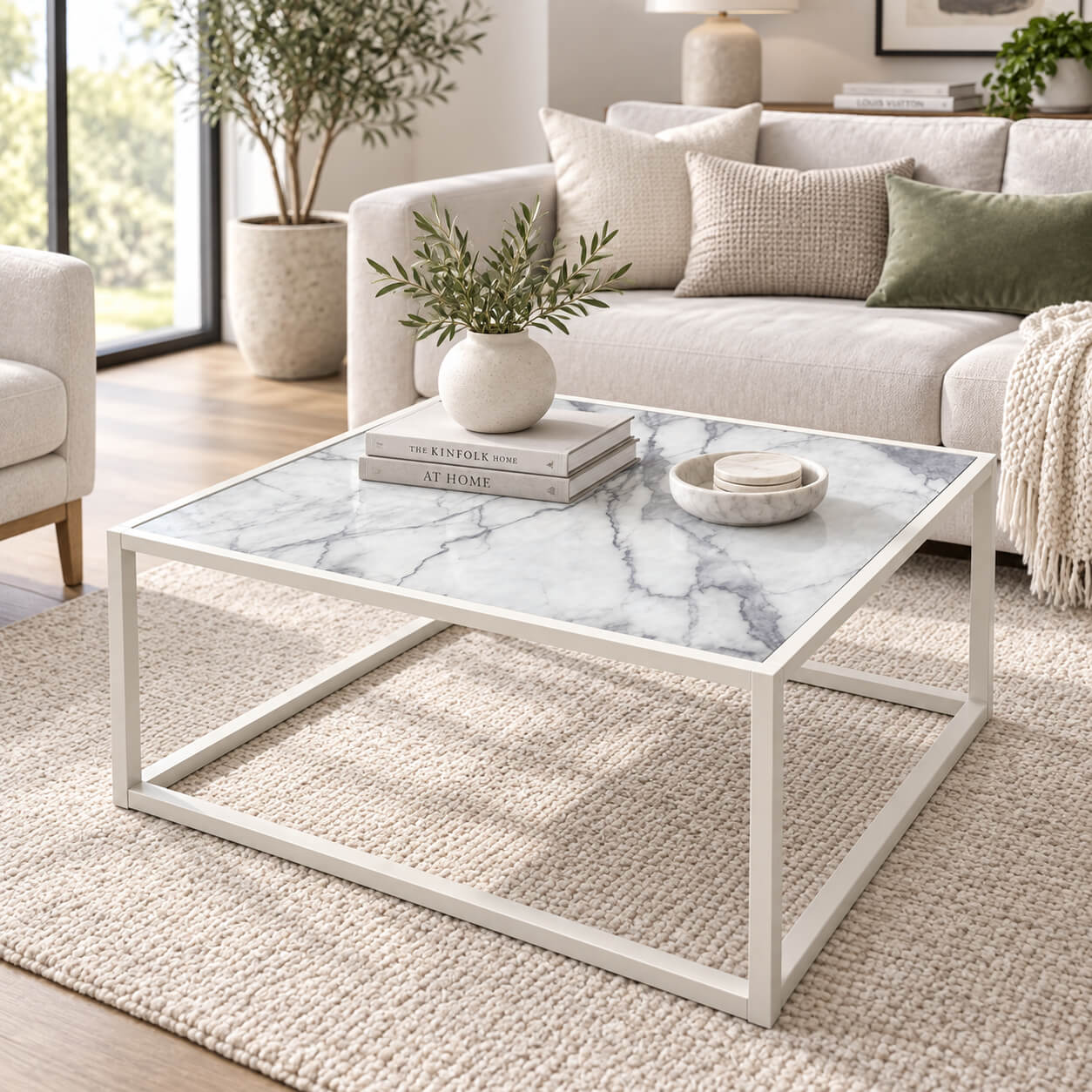 Reality Nevia 2 Square White Glass Marble Table 80 × 80 cm