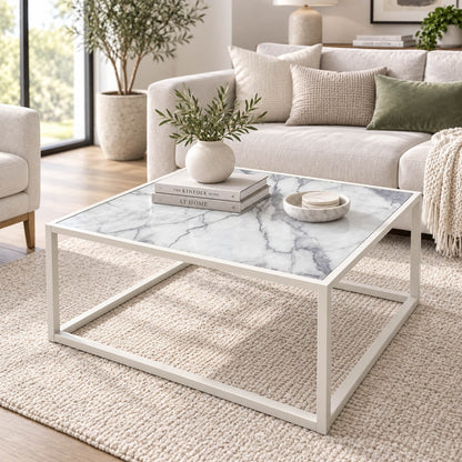 Reality Nevia 2 Square White Glass Marble Table 80 × 80 cm