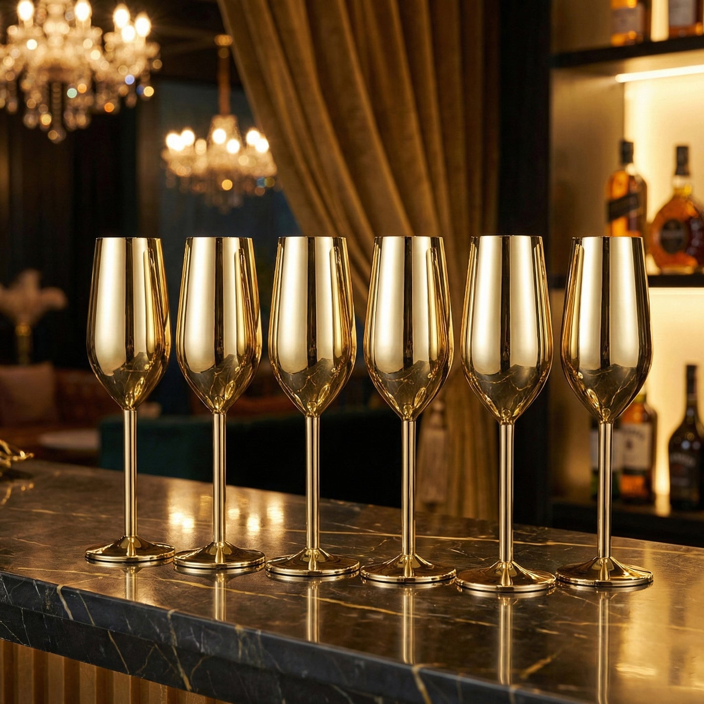 6-Pcs Elegant & Smooth Beverages Champagne Flute Glass – Gold 190ml #3769