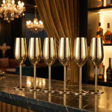 6-Pcs Elegant & Smooth Beverages Champagne Flute Glass – Gold 190ml #3769