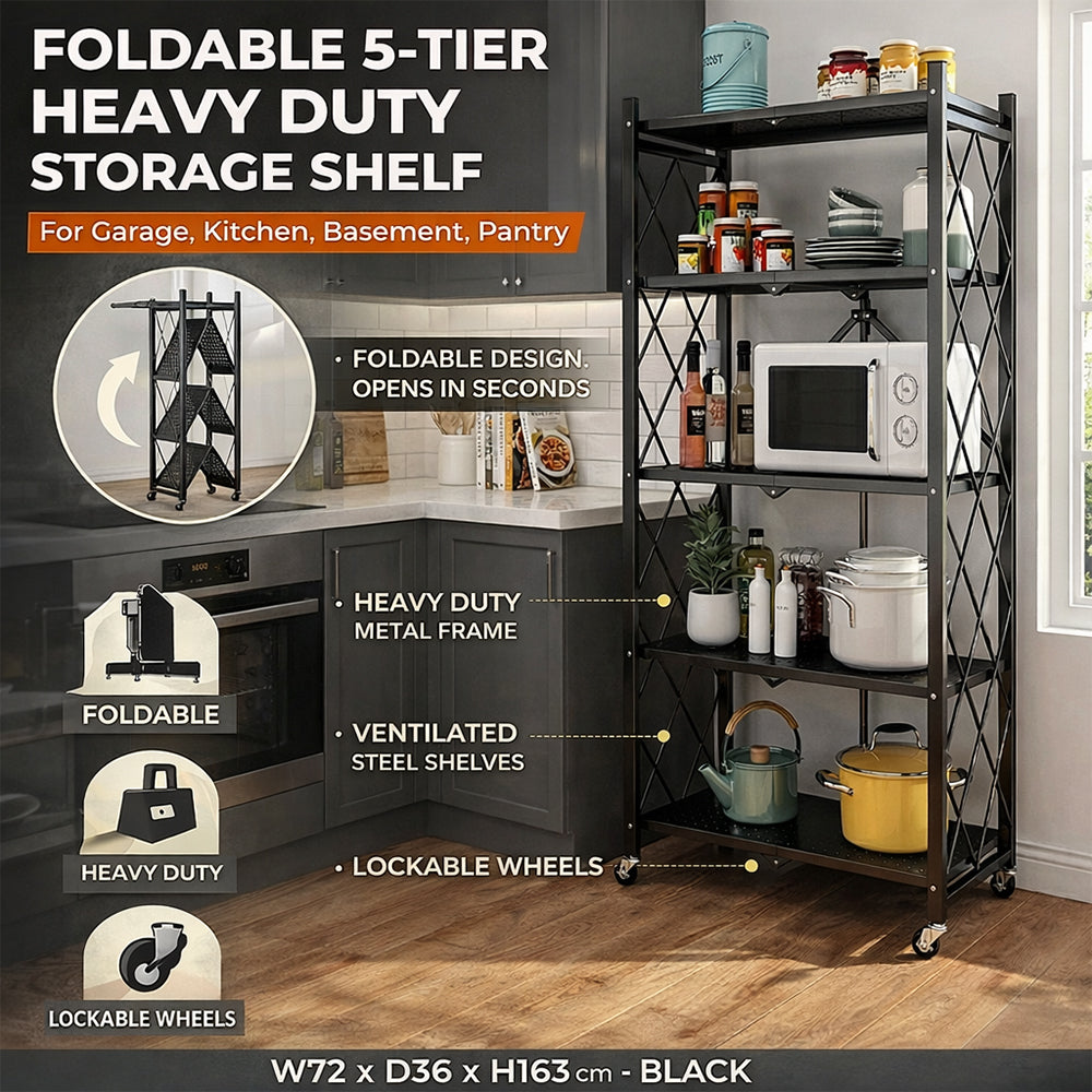 5-Tier Heavy Duty Foldable Storage Shelves With Wheels for Garage Kitchen, Basement & Pantry (W72 x D36 x H163)cm – Black