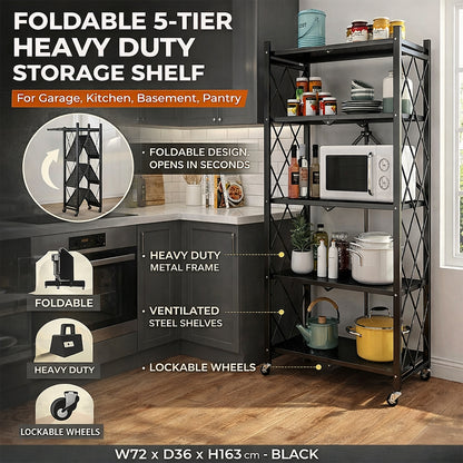 5-Tier Heavy Duty Foldable Storage Shelves With Wheels for Garage Kitchen, Basement & Pantry (W72 x D36 x H163)cm – Black