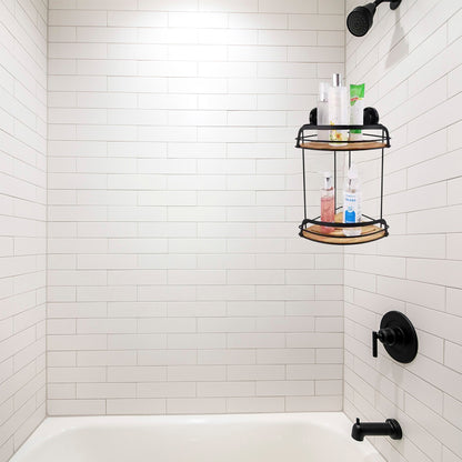 Corner Bath & Kitchen Shelf Suction Cups Metal With Bamboo 37x18cm